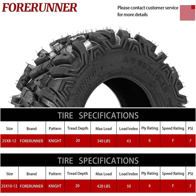 25x8-12 & 25x10-12 ATV / UTV Tires 6-Ply Rated KNIGHT Pattern Smooth Ride All-Terrain Off-Road Tire Set