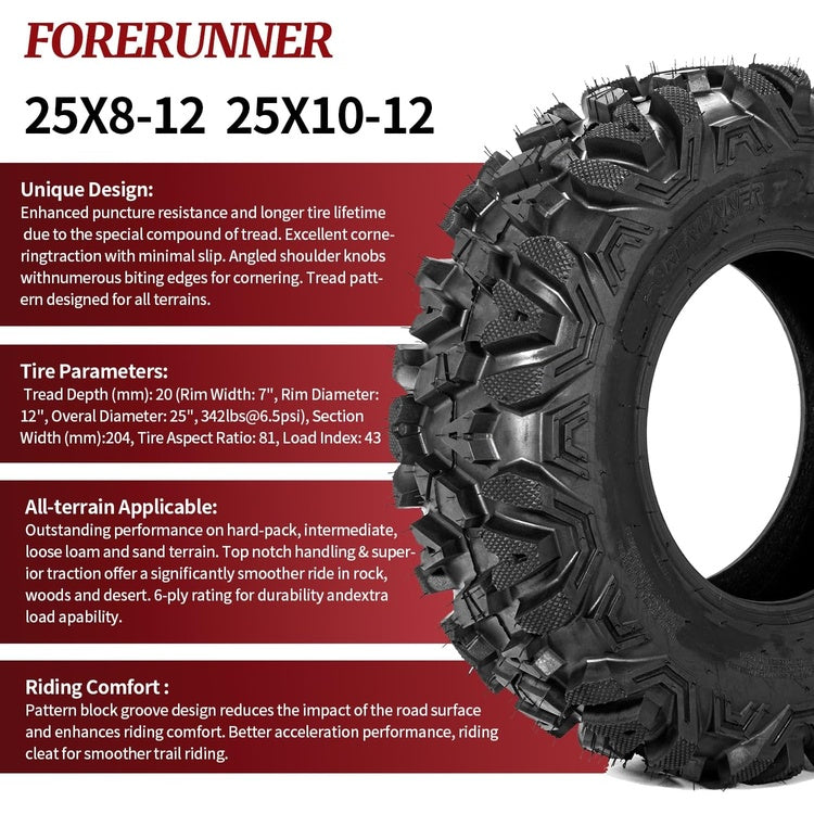 25x8-12 & 25x10-12 ATV / UTV Tires 6-Ply Rated KNIGHT Pattern Smooth Ride All-Terrain Off-Road Tire Set