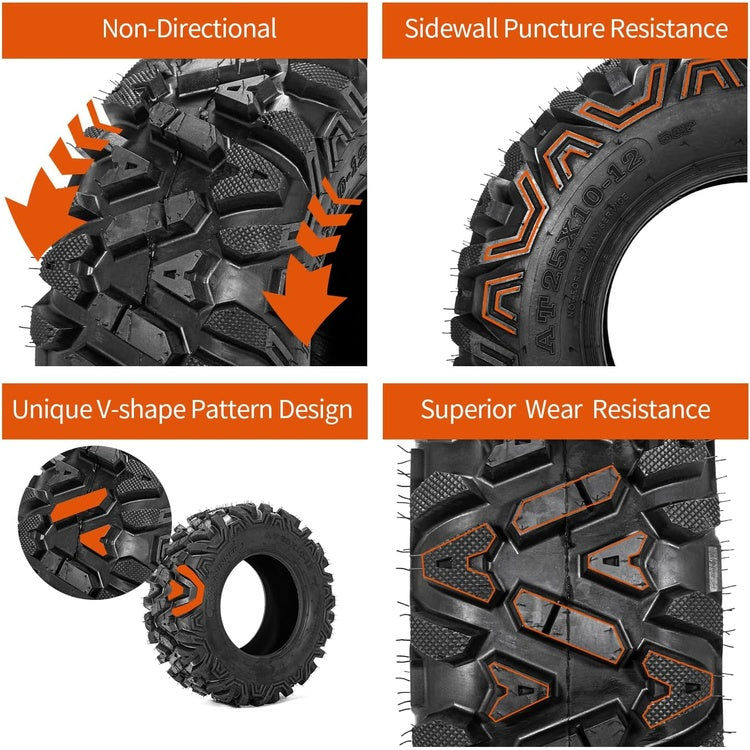 25x8-12 & 25x10-12 ATV / UTV Tires 6-Ply Rated KNIGHT Pattern Smooth Ride All-Terrain Off-Road Tire Set
