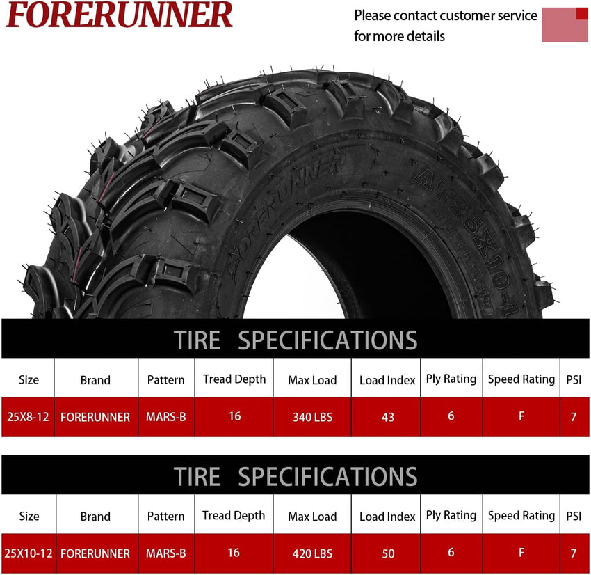 25x8-12 & 25x10-12 ATV / UTV Tires 6-Ply Rated MARS-B Pattern High-Grip Self-Cleaning Mud & Trail Tire Set