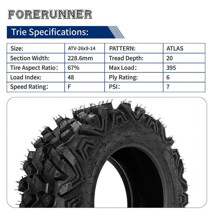 26x9-14 & 26x11-14 ATLAS All-Terrain 6-Ply ATV/UTV Tires Loose Dirt Mud Uneven Trails
