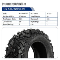 26x9-14 & 26x11-14 ATLAS All-Terrain 6-Ply ATV/UTV Tires Loose Dirt Mud Uneven Trails