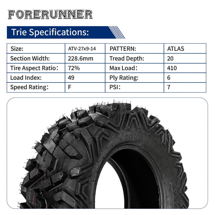 27x9-14 & 27x11-14 ATLAS 6-Ply All-Terrain ATV/UTV Tires Hard-Pack Soft Terrain & Sand