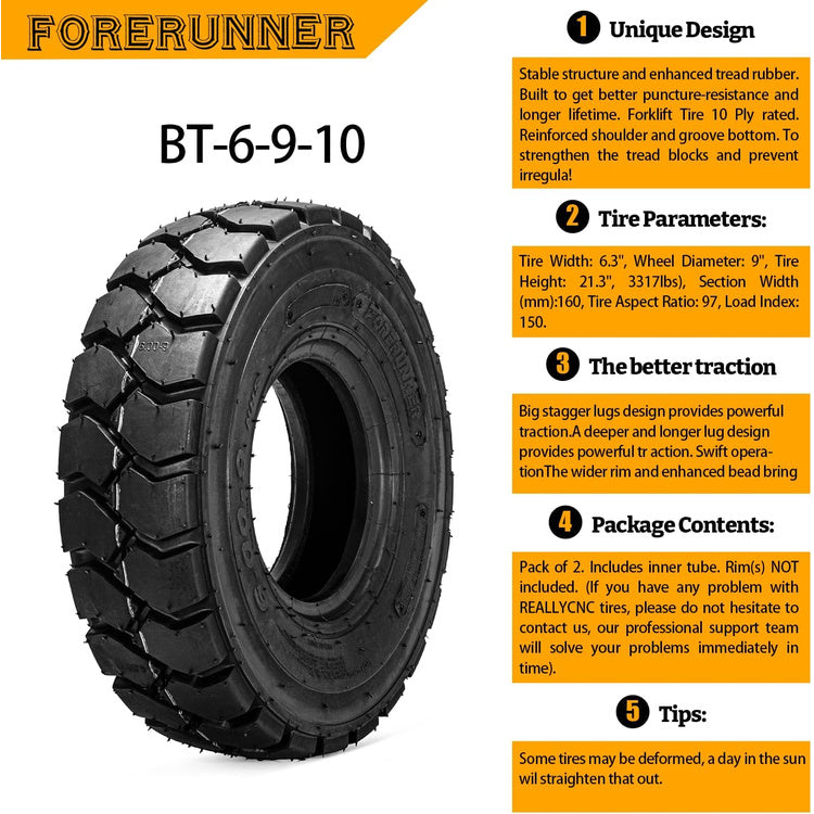 2pcs 6.00-9 QH201 Forklift Pneumatic Tires 10-Ply Heavy Duty Industrial Trail Tyres with Inner Tubes