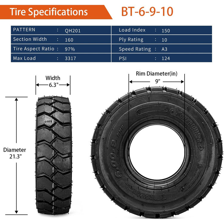 2pcs 6.00-9 QH201 Forklift Pneumatic Tires 10-Ply Heavy Duty Industrial Trail Tyres with Inner Tubes