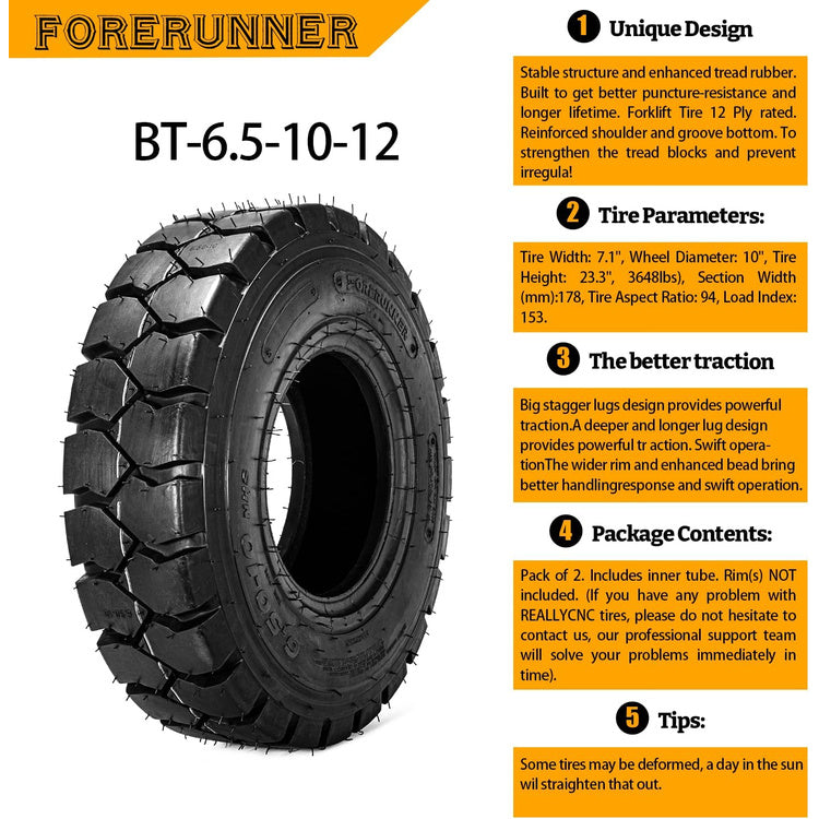 2pcs 6.5-10 QH201 12Ply Forklift Tires Industrial Tire with Inner Tube