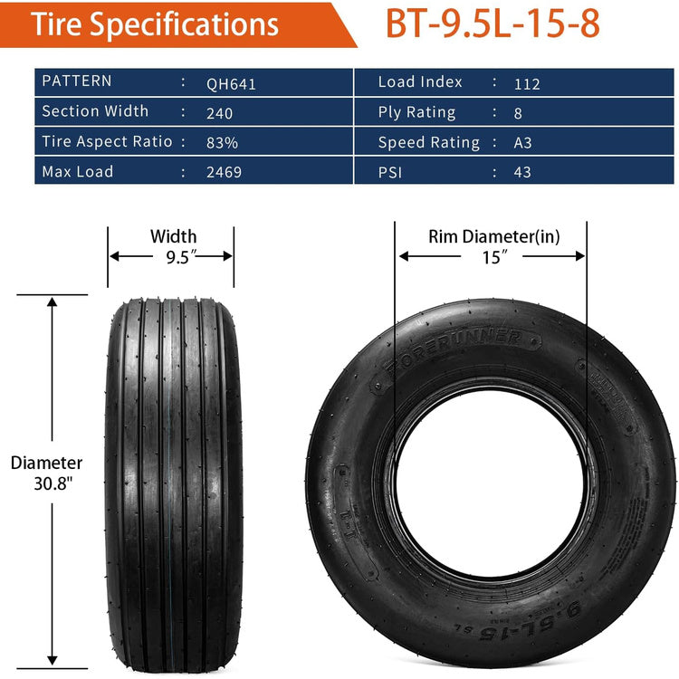 2pcs 9.5L-15 QH641 8Ply Agricultural Flotation Tire Farm Implement Tires for Wagon Baler Spreader Trailer Tractor